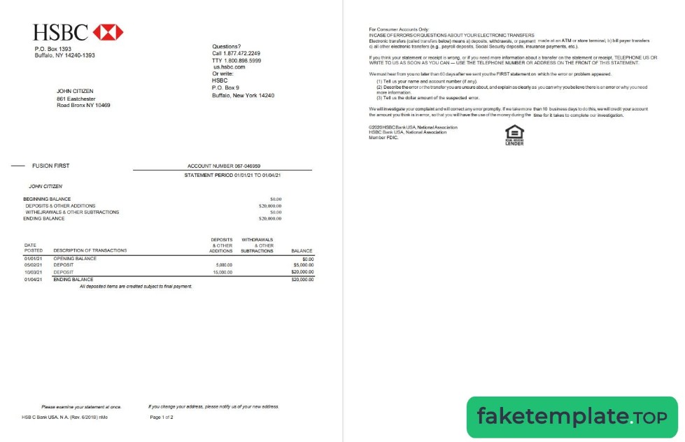 Feature of fake USA HSBC 2 pages Version 2